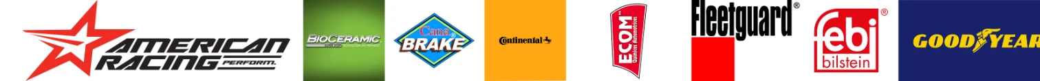Marcas aliadas: American Racing, BioCeramic, Caña Brake, Continental, ECOM, Fleetguard, febi bilstein, Goodyear